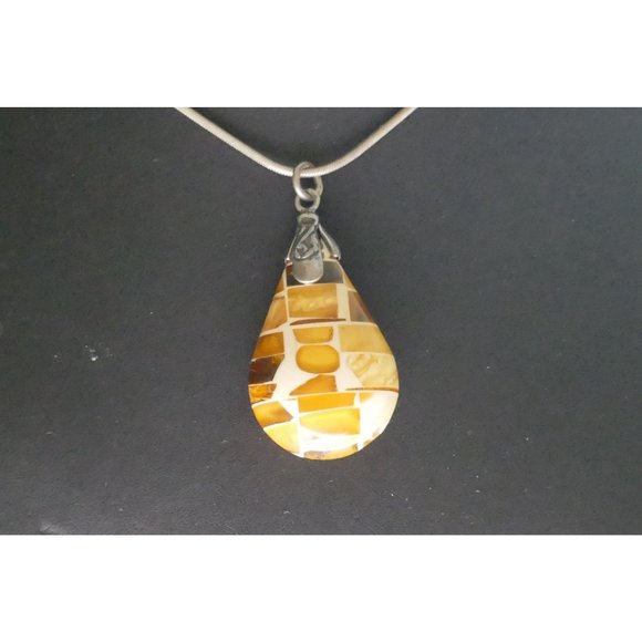 Mosaic Amber Pendant With Embedded Insects Sterling Silver On Sterling Chain - Picture 4 of 13